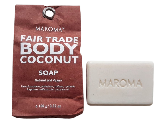 Maroma Fair Trade Body Coconut Soap, ekologisk kokostvål i pappersförpackning. Trippelmald, med kokumsmör.Passar alla hudtyper.