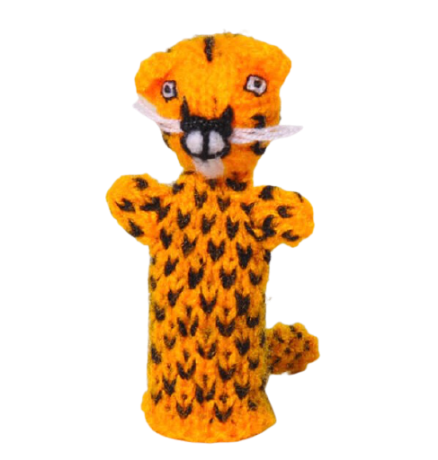 Fingerdocka, leopard, av handstickat alpackagarn. En leksak som stimulerar språk, fantasi och gemenskap. Fair Trade från Peru.