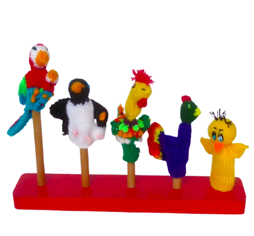 Handstickade fingerdockor: Papegoja, pingvin, tupp, påfågel och ankunge/älling. Fair Trade.