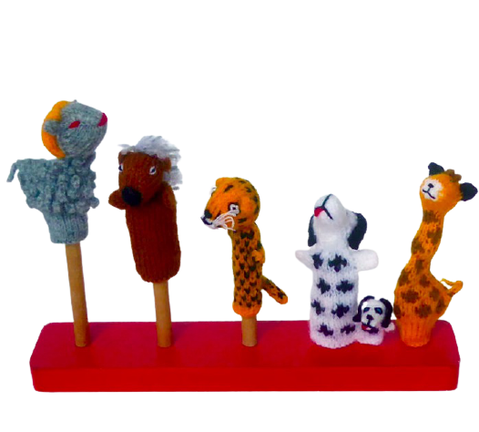 Handstickade fingerdockor: getbock, igelkott, leopard, hund/dalmatiner och giraff. Fair Trade.
