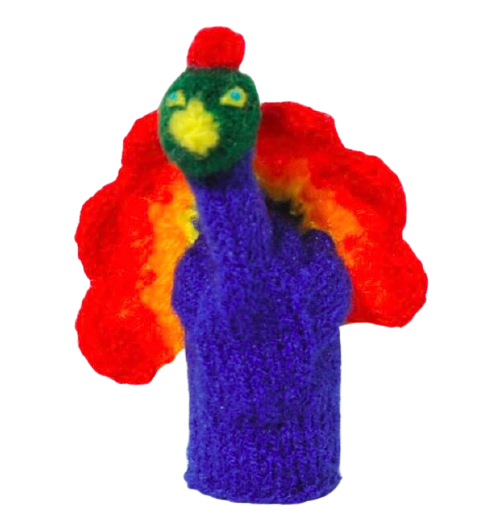 Fingerdocka, stilig påfågel i klara färger röd och blå. Handstickad av alpackagarn för Fair Trade i Peru.