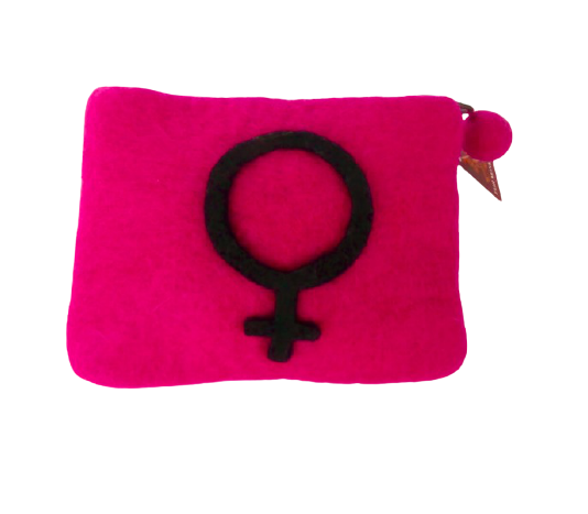 Necessär i cerise färg, handtovad, praktisk och snygg till förvaring av exempelvis mensskydd. Med Venus-symbolen.Fair Trade Nepal.