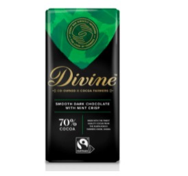 Divine Dark Chocolate with Mintcrips är en mörk choklad med mintcrisp smaksatt med naturlig pepparmintsolja. Fairtrade.