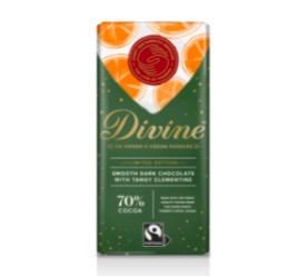 Divine Mörk choklad 70 %, med syrlig klementinsmak. Fair Trade.