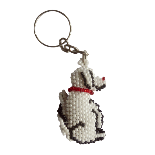 Nyckelring smycke av små glaspärlor, Hund. Med öronen ner. Fair Trade från Guatemala.
