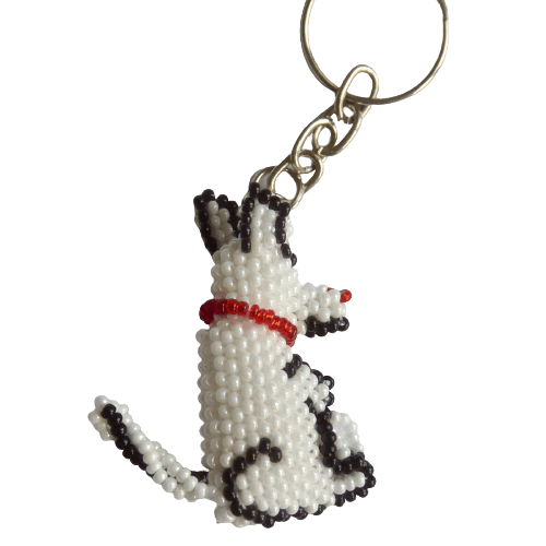 Nyckelring smycke av glaspärlor, Hund. Med öronen uppställda. Fair Trade från Guatemala.