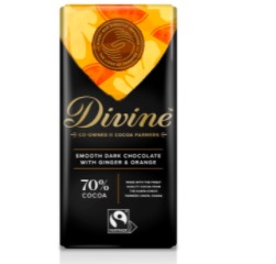 Divine Dark Chocolate, en mörk choklad, 70 % kakao, Vegansk, Fairtrade.