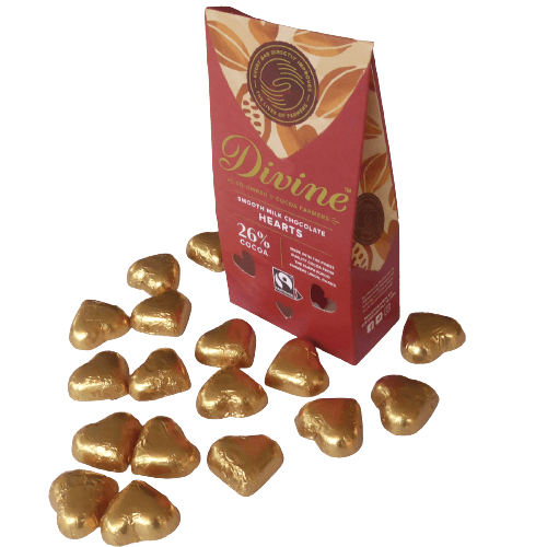 Divine mjölkchoklad, små hjärtan i guldglänsande stanniolpapper. 16-17 styck per förpackning. Fairtrade.