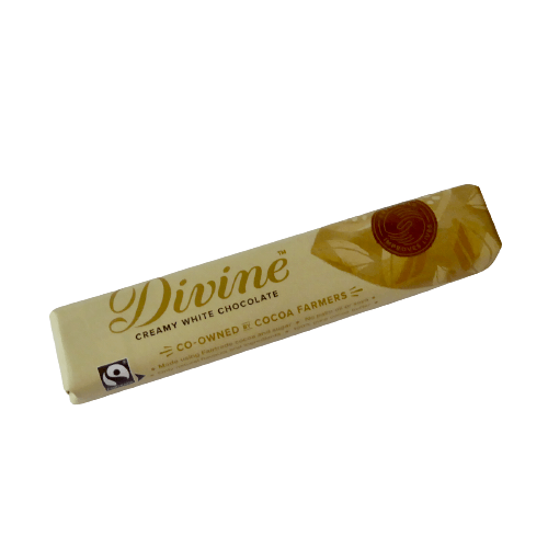 Divine creamy white chocolate är en lagom chokladbar av fyllig vit choklad. Fairtrade.