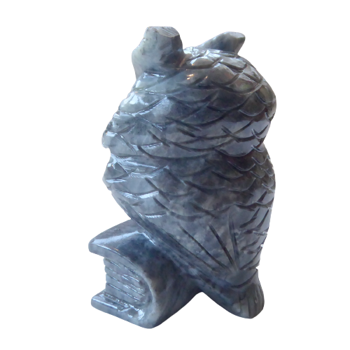 Uggla, Bokuggla, onyx marmor, 8 cm, naturfärg, handgjord för Fair Trade i Peru. Bild visar ugglans rygg.