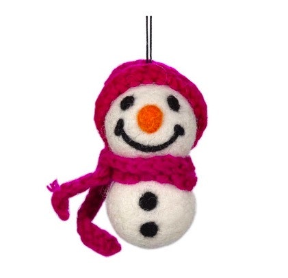 Julhänge Snögubbe mini, pink-violett mössa och halsduk. Gladuppsyn. Tovad dekohänge från Nepal.
