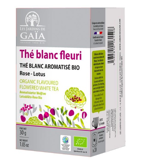 Vitt te i påse från franska Les Jardins de Gaia. Smaksatt med naturliga ämnen (ros, fläder, lotus). ekologiskt och Fair Trade.