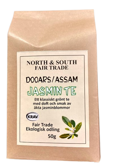 Jasmin te, 50 g, grönt löste med jasminessens, ekologiskt. Fair Trade. I miljövänlig, brun pappersförpackning.