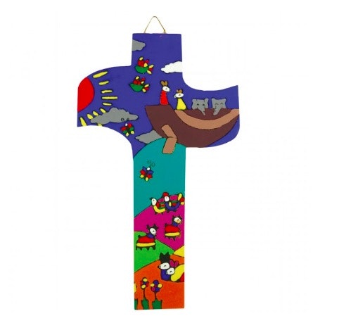 Kors  trä, rundade armar, Salvador-kors med motiv Noas ark i klara färger, blå, röd, grön dominerar som bakgrundsfärger. Fair Trade.