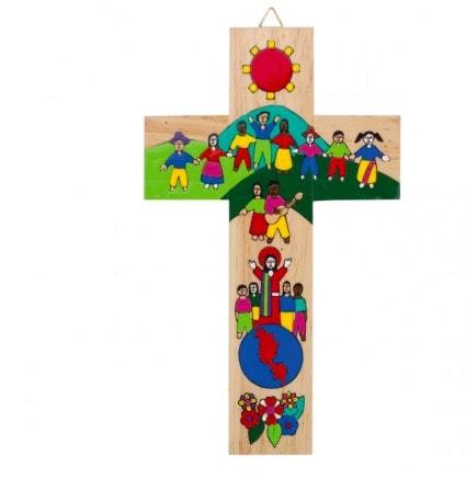 Väggkors Jesu med barnen från hela världen. Trä, Salvador-kors, 25 cm. Fair Trade El Salvador.