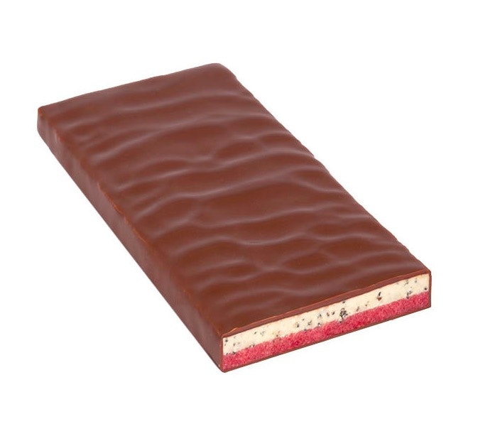 Zotter chokladpralin, Poppyseeds & cherry. Handgjord och exklusiv. Chokladkaka utan omslag. Ekologisk och Fair Trade.