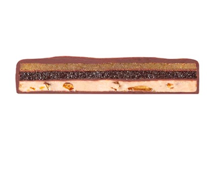Zotter chokladpralin Havtorn & kvitten, ekologisk och Fair Trade, handgjord pralinkaka. Utan omslag, tvärsnitt genom kakan.