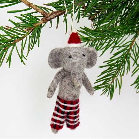Julhänge Elephant Santa, tovad ull, Afroart. Med röd-randiga byxor och tomtemössa. Juldekoration.