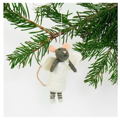 Julhänge Mouse Angel / Mus med änglavingar hängandes i granen. Tovad, Afroart.