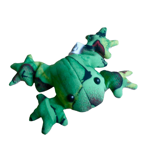 Liten groda, 6cm, som roligt anddjur. grönt mönster. Passar som maskot, leksak eller vänskapspresent. Fair Trade.
