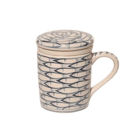 Te-Mugg Fiskstim, med insatssil inuti och locket på, Celadon-keramik. Fair Trade Vietnam.