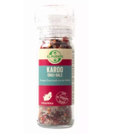 Chilisalt Karoo, med havssalt fritt från mikroplast, kryddkvarn. Fair Trade Sydafrika