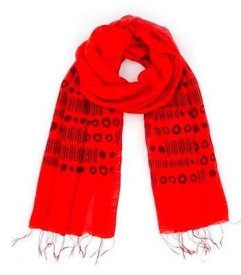 Sjal, scarf, siden/viskos, ränder/prickar, röd, handvävd
