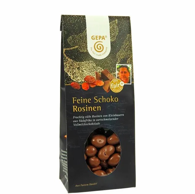 Chokladrussin, söta, saftiga russin från vindruvar i Sydafrika, överdragna med ekologisk mjölkchoklad. Chokladgodis, julgodis. Fair Trade.