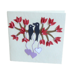 Brevkort Fåglar med hjärtan, röd, med kuvert, jutepapper