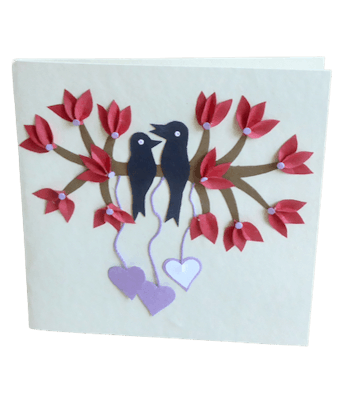 Brevkort Fåglar med hjärtan, röd, med kuvert, jutepapper