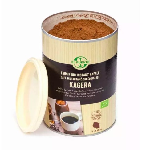 Kagera är den ekologiska varianten av Africafe, ett populärt snabbkaffe eller instantkaffe från Tanzania. Spraytorkat.
