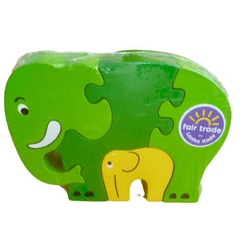 Elefant med unge, Pussel i trä, 4 delar i grönt och gult, till småbarn. Fair Trade.