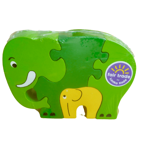 Elefant med unge, Pussel i trä, 4 delar i grönt och gult, till småbarn. Fair Trade.