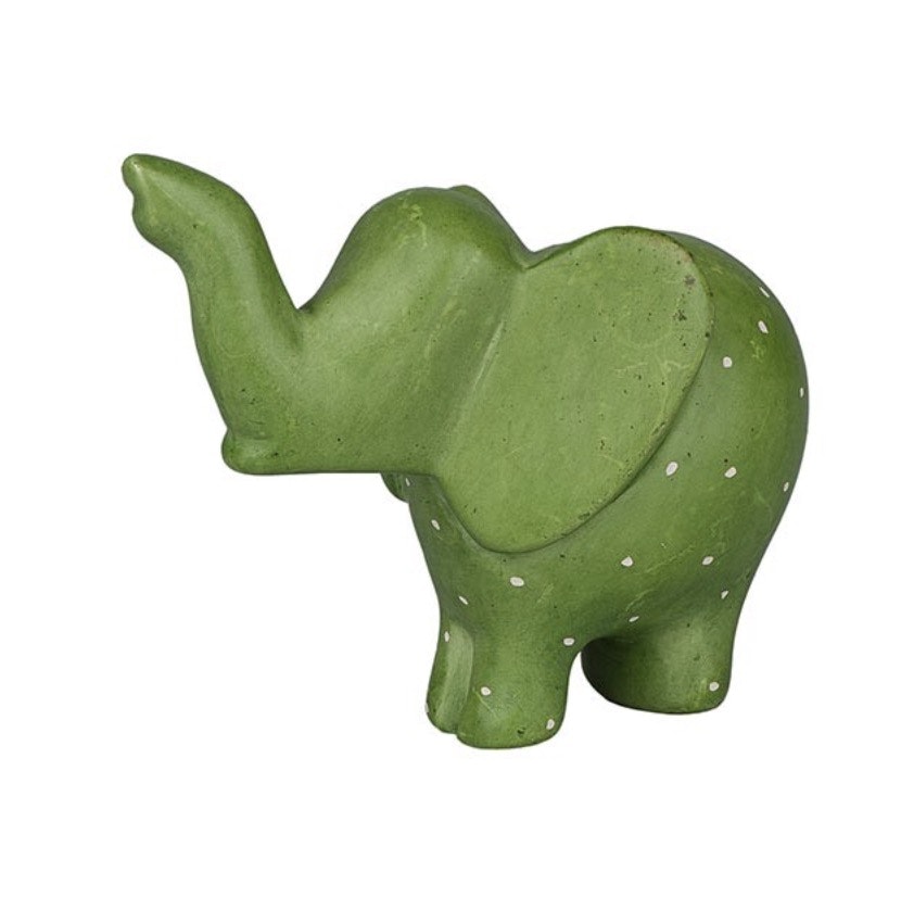 Liten elefant i grönt färgad täljsten från Kenya för Fair Trade.