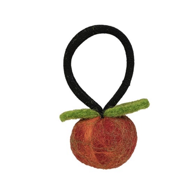 Hårsnodd, hårgummi Rött äpple med två små gröna blad. Handtovad för Fair Trade.