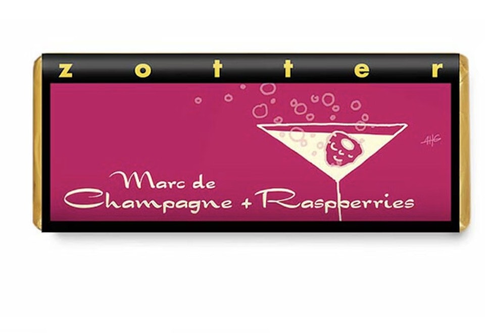 Zotter Champagne Hallon, utsökt chokladpralin, ekologisk och Fair Trade.