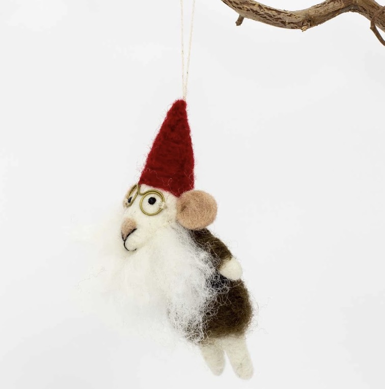 Julhänge Mouse Santa Father, tovad, Afroart. Med brun kofta, röd luva.