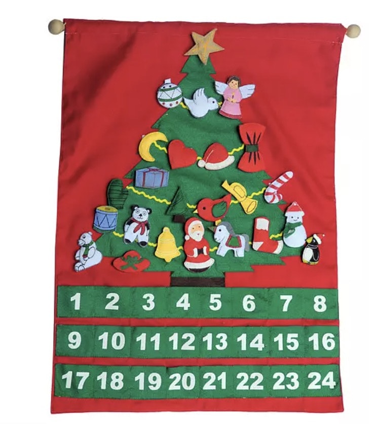 Tygtavla Adventskalender, julkalender Julgran, dekorativ, Fair Trade, Sri Lanka.