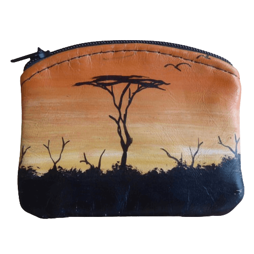 Läderfodral, etui, börs, till småsaker. Dekorerad med afrikansk träd, Kenya. Fair Trade