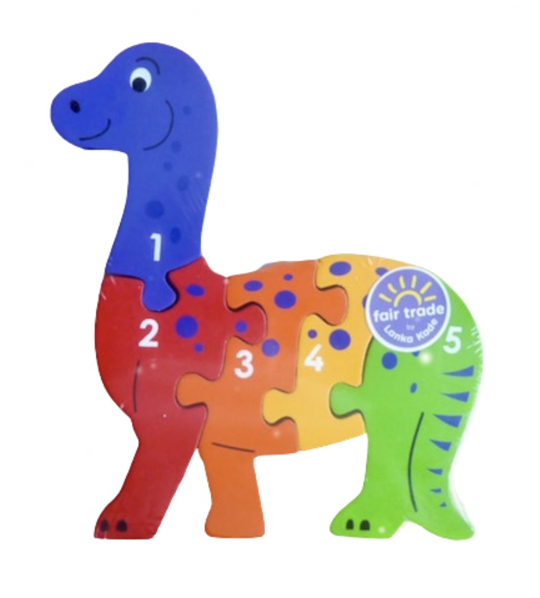 Träpussel, dinosaurie med siffror 1- 5. Enkel och roligt pussel för yngre barn. fair Trade.