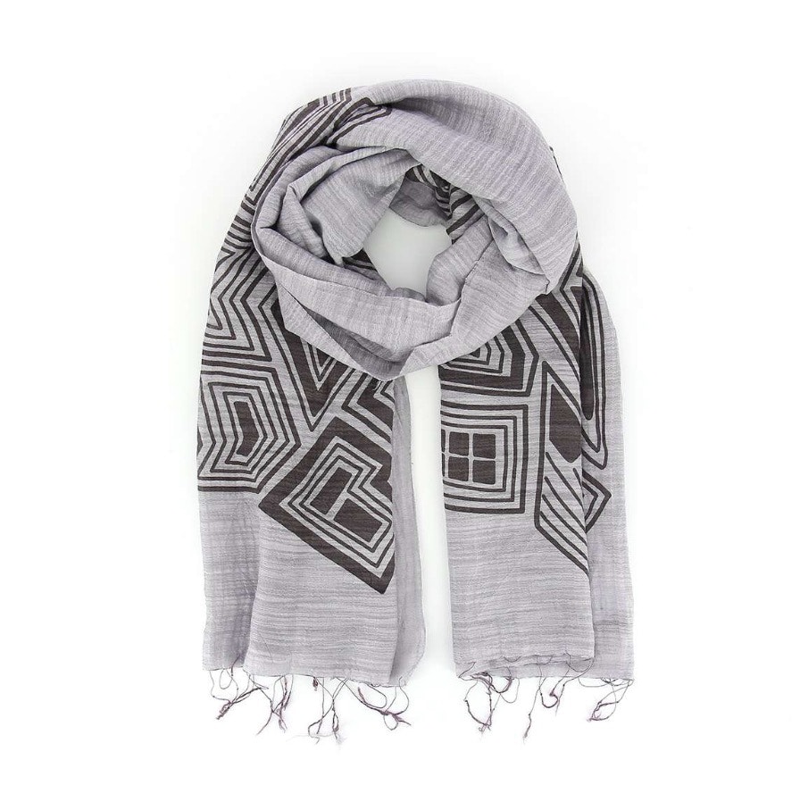 Sjal, bomull/siden, ljusgrå, geometriskt mönster. 180x60cm. Handvävt, handtryckt mönster. Vietnam.