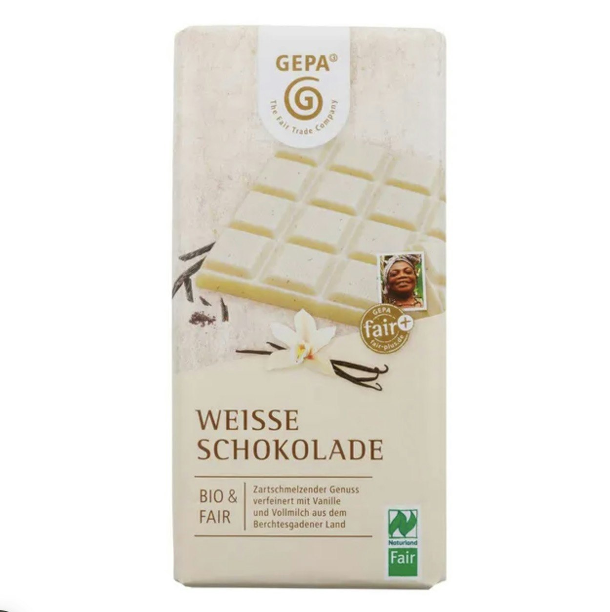 Vit chokladkaka, ekologisk och Fair Trade från tyska Gepa. Med smak av bourbonvanilj.