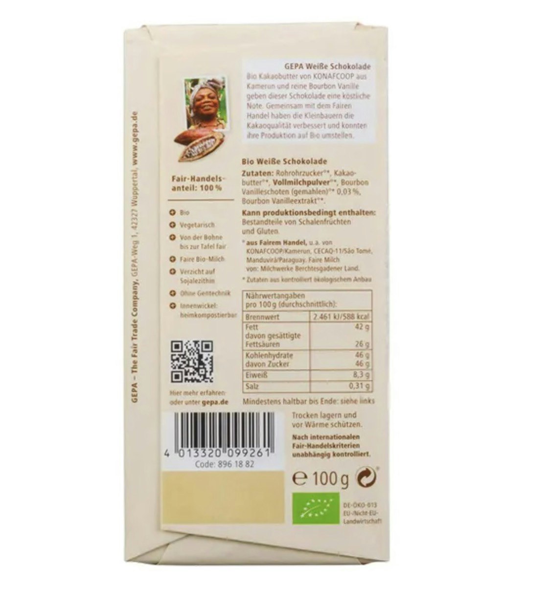 Vit chokladkaka, ekologisk och Fair Trade från tyska Gepa. Baksidan med uppgifter om näringshalt, eko-märkning och Fair Trade-info.