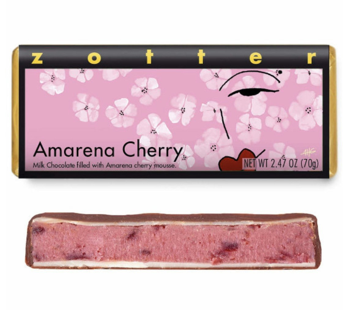 Zotter, Amarena Cherry, chokladpralin, mörk mjölkchoklad med körsbärsmousse. Fair Trade, ekologisk.