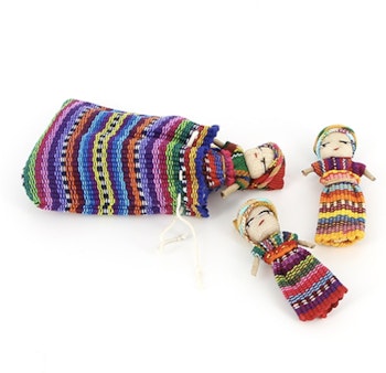 Worry Dolls, orosdockor, 3 dockor i tygpåse