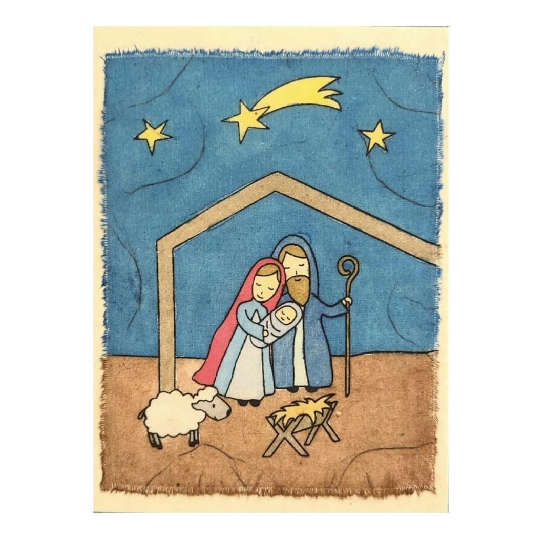 Julkort, Den heliga familjen, handgjort brevkort med kuvert. Fair Trade Nepal.