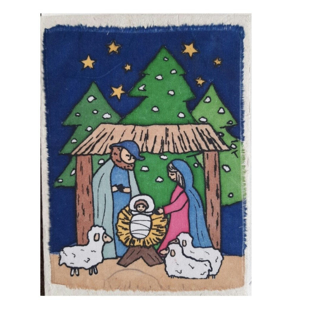 Julkort, Jesusbarnet i krubban, heliga familjen. Handgjort brevkort med kuvert. Nepal.