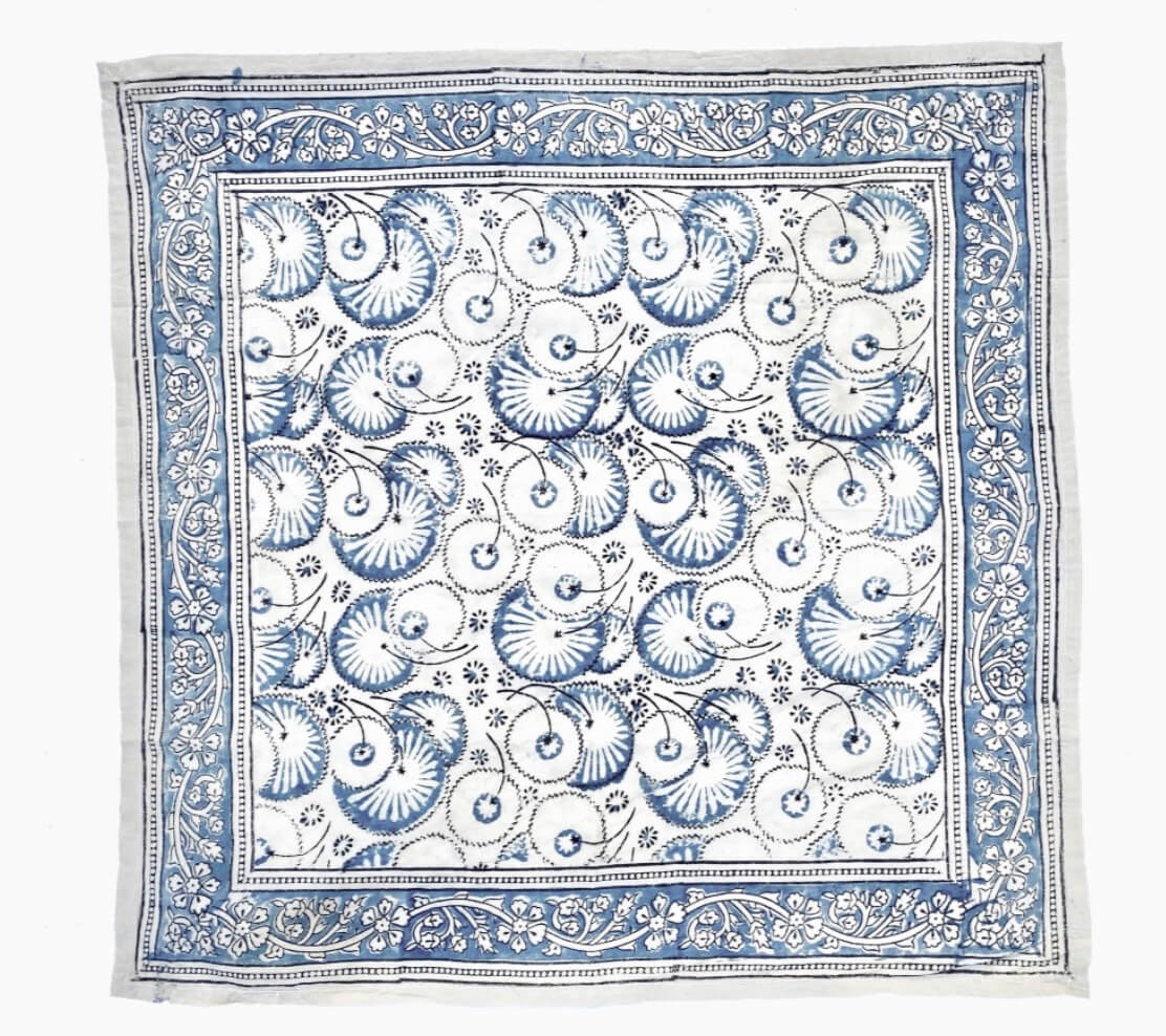 Kalamkari halsduk, Kvadrat, mörkblått växtmönster. Blocktrycksteknik,, Fair Trade Indien.