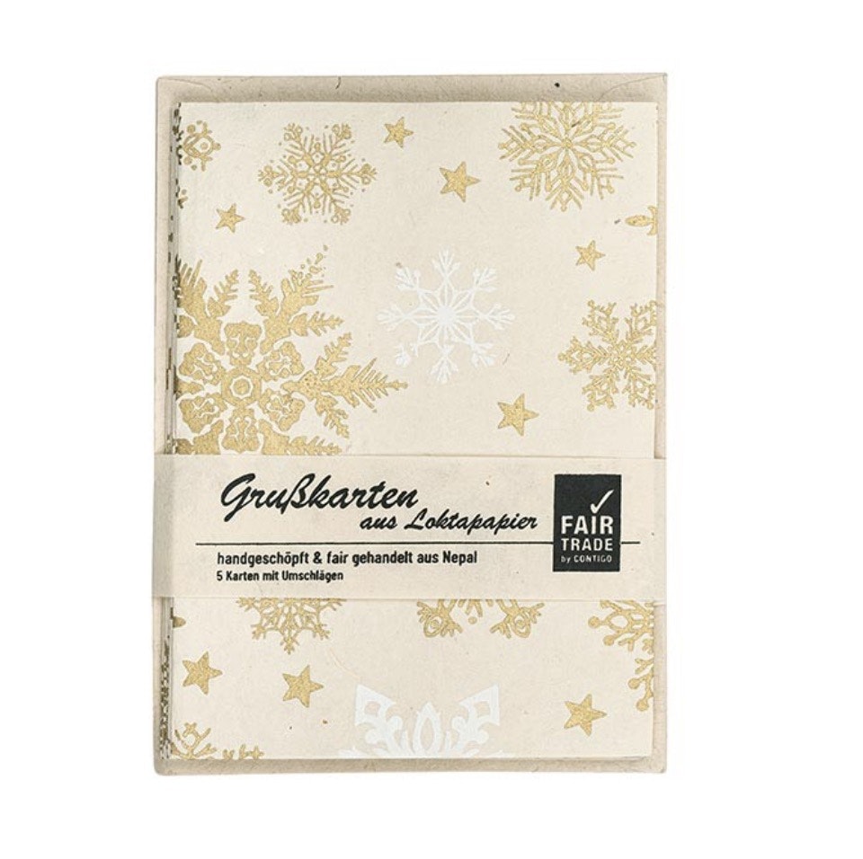 Brevkort m kuvert, Snöflingor, vitt, loktapapper från Nepal. Fair Trade.