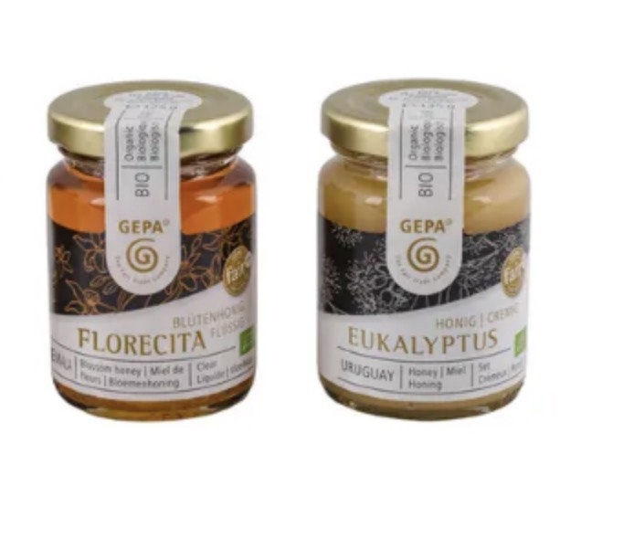 Flytande honung Florecita (mycket smakrik, ekologisk, Guatemala) och Eukalyptus (från eukalyptusblommor, Uruguay). 125g